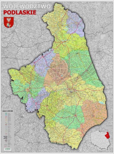 Województwo podlaskie 1:190 000. Mapa ścienna administracyjno-drogowa. Wersja STRONG