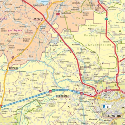 Województwo podlaskie 1:190 000. Mapa ścienna administracyjno-drogowa. Wersja STRONG. Fragment