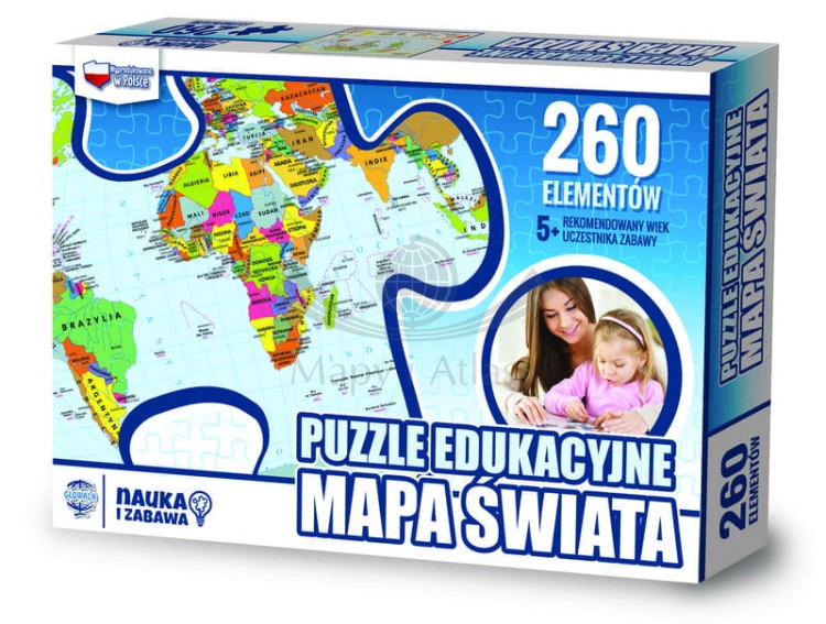 Puzzle dla dzieci mapa polityczna świata 260 elementów. Opakowanie