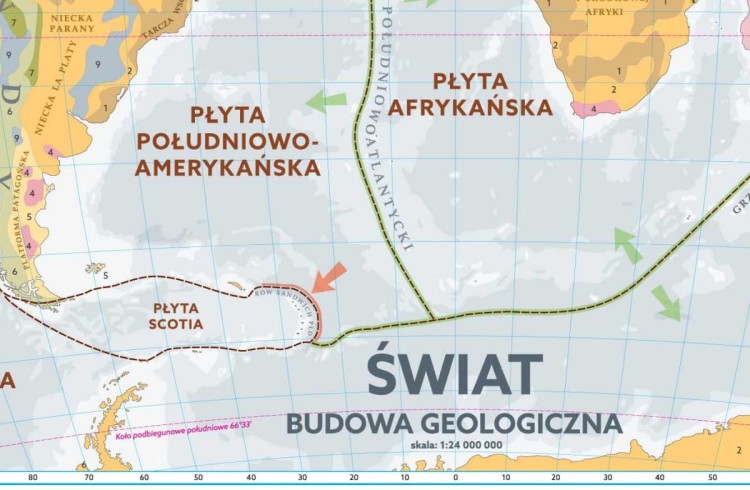 Świat. Budowa geologiczna. Mapa szkolna. Fragment 1