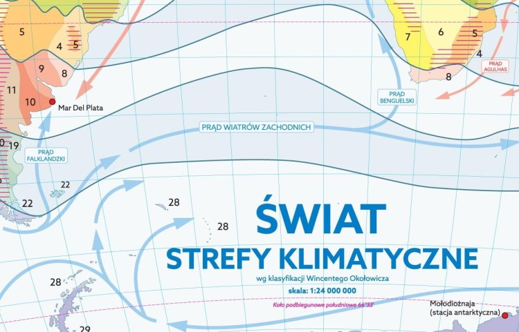 Świat strefy klimatyczne. Mapa szkolna. Fragment 1