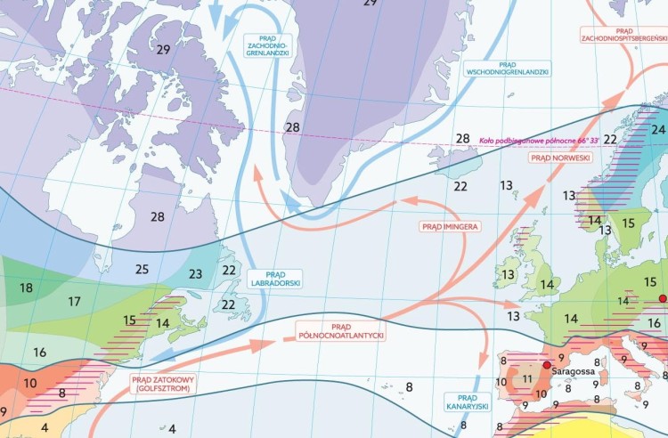 Świat strefy klimatyczne. Mapa szkolna. Fragment 2
