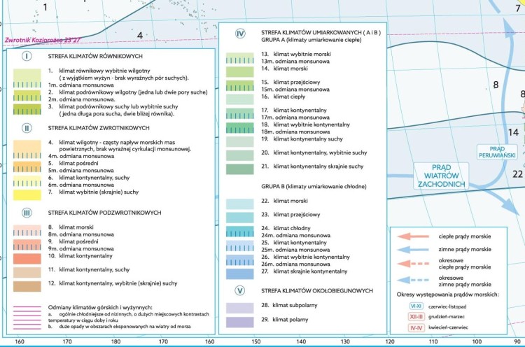 Świat strefy klimatyczne. Mapa szkolna. Legenda