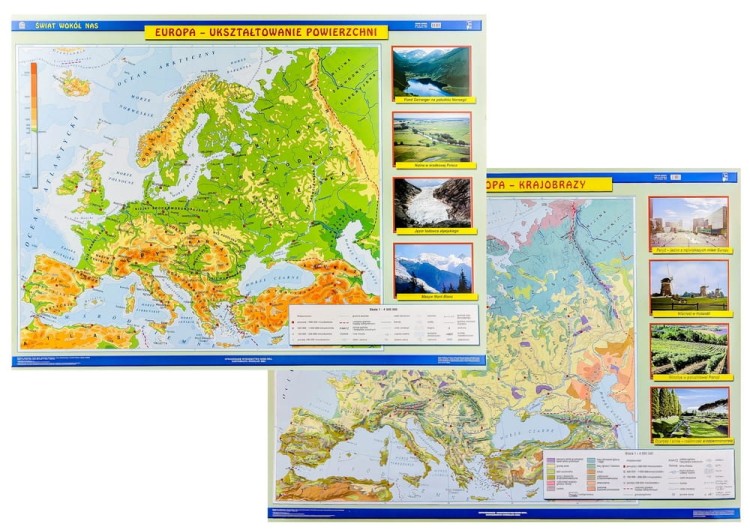 Europa. Dwustronna mapa ścienna. Ukształtowanie powierzchni / Krajobrazy. Nowa Era