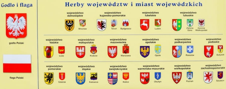 Polska mapa ścienna administracyjna - województwa. Herby