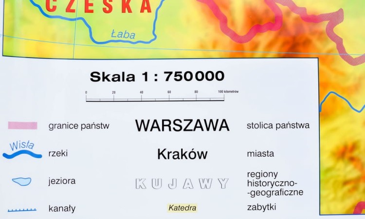 Polska mapa ścienna fizyczna- nasza ojczyzna. Legenda