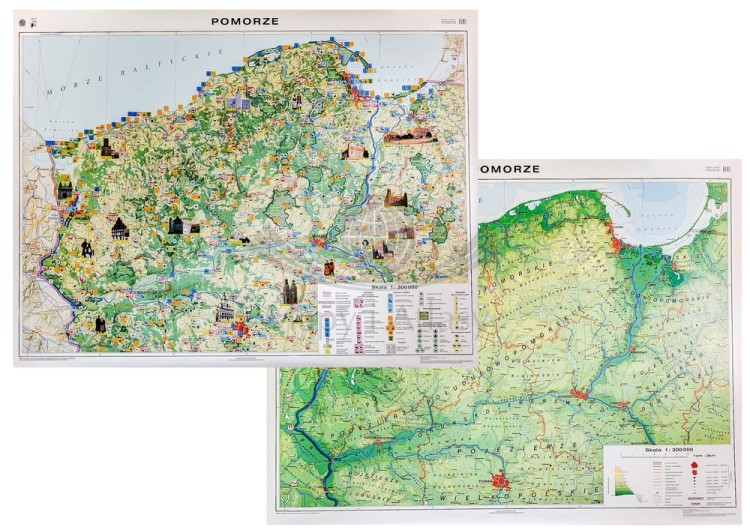 Pomorze. Dwustronna mapa ścienna. Fizyczna (ogólnogeograficzna) / Krajobrazowa