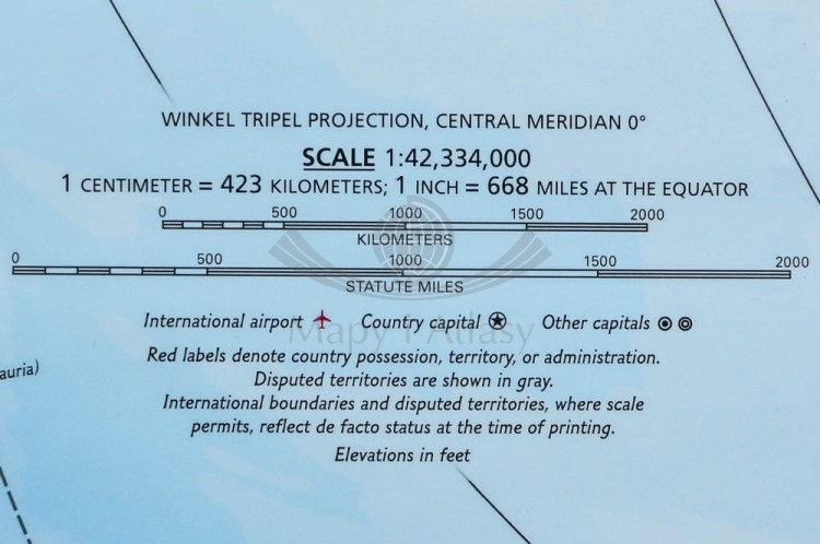 Świat 1:42 334 000. Mapa polityczna Explorer w ramie drewnianej. Wydawnictwo: National Geographic. Skala i legenda
