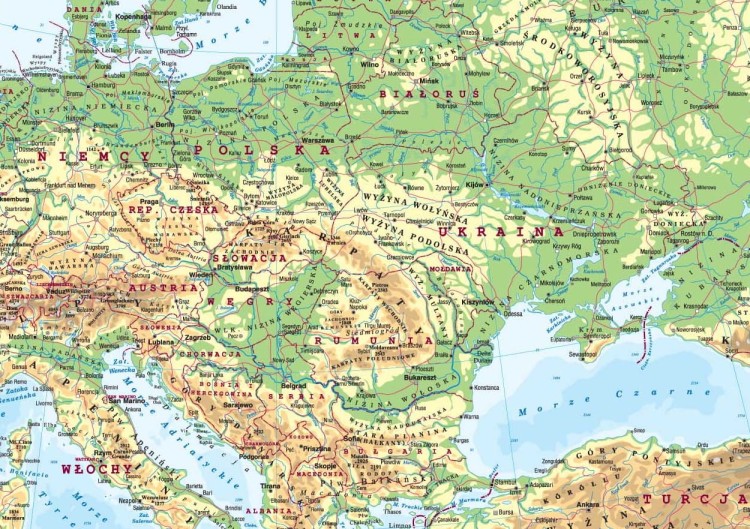 Europa 1:5 900 000. Mapa ścienna fizyczna. Fragment 1