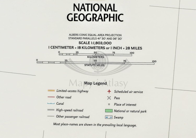Hiszpania i Portugalia 1:1 803 000. Mapa ścienna ekskluzywna wydawnictwa National Geographic. Legenda