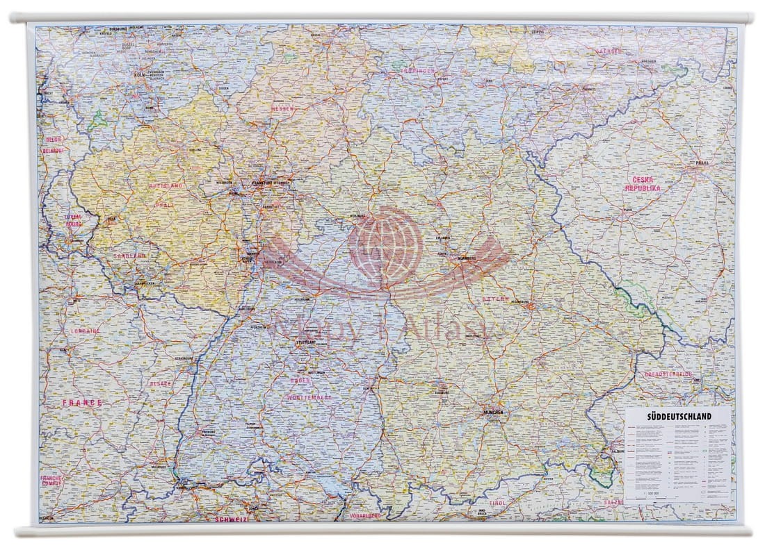 Niemcy Południowe 1:500 000. Mapa ścienna administracyjno-drogowa