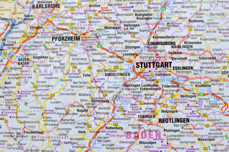 Niemcy Południowe. Mapa ścienna administracyjno-drogowa. Fragment 1