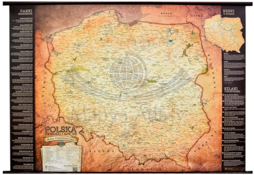 Polska. Mapa ścienna turystyczna oprawiona w drewniane półwałki
