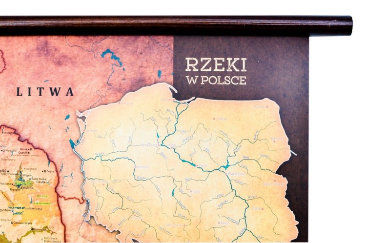 Polska. Mapa ścienna turystyczna. Drewniany półwałek + fragment