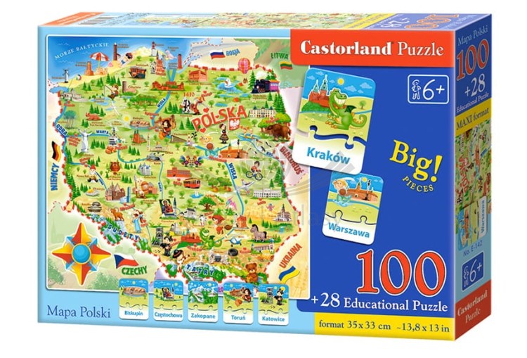 Puzzle mapa Polski 100 elementów z quizem - opakowanie