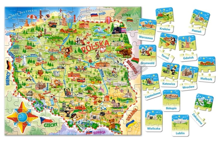 Puzzle mapa Polski 100 elementów z quizem - układanka
