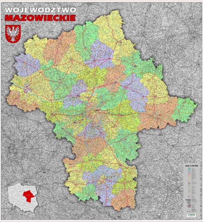 Województwo mazowieckie 1:230 000. Mapa ścienna administracyjno-drogowa
