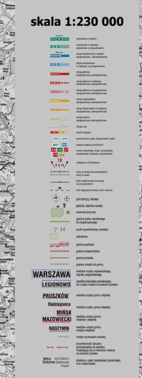 Województwo mazowieckie 1:230 000. Mapa ścienna administracyjno-drogowa. Legenda