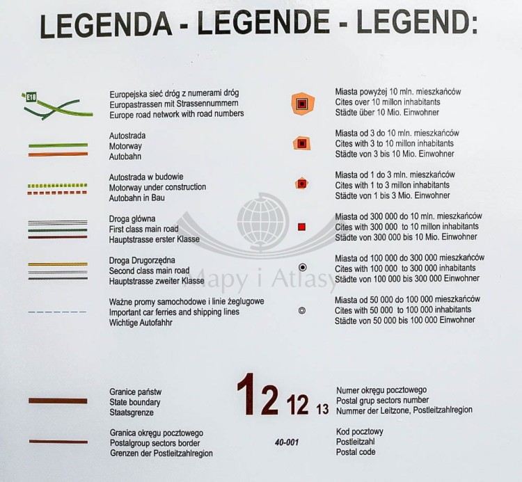 Europa 1:3 600 000. Mapa kodowa w ramie Wydawnictwa Piętka. Legenda
