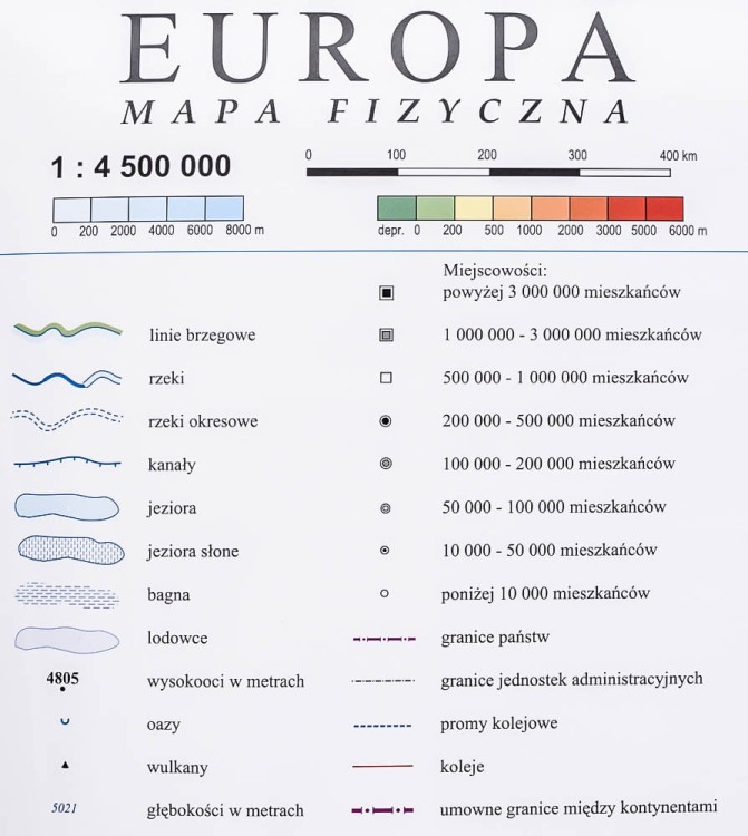 Europa 1:4 500 000. Mapa fizyczna do wpinania Wydawnictwa Piętka. Legenda