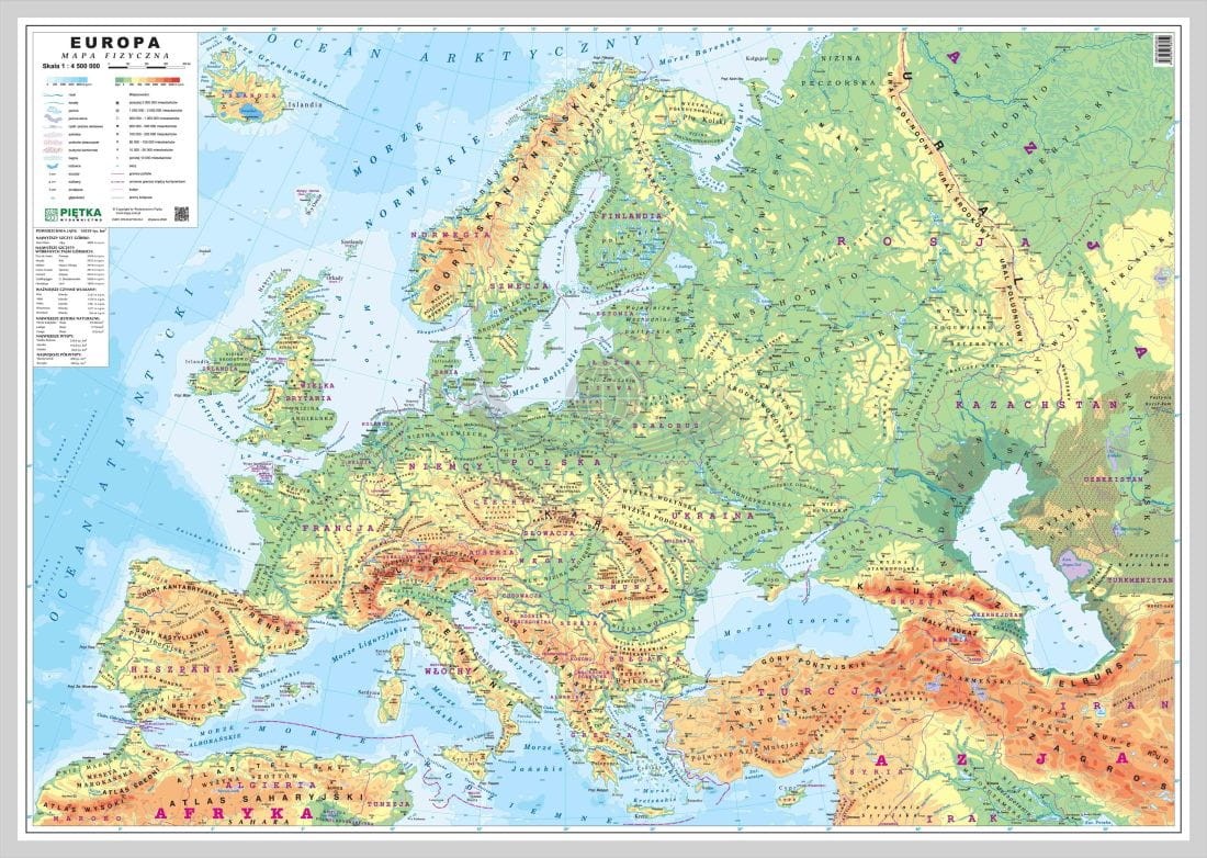 Europa 1:4 500 000. Mapa fizyczna do wpinania