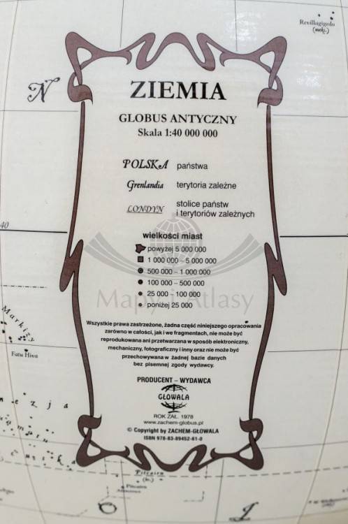 Globus antyczny 32 cm. Drewniana stopka. Legenda