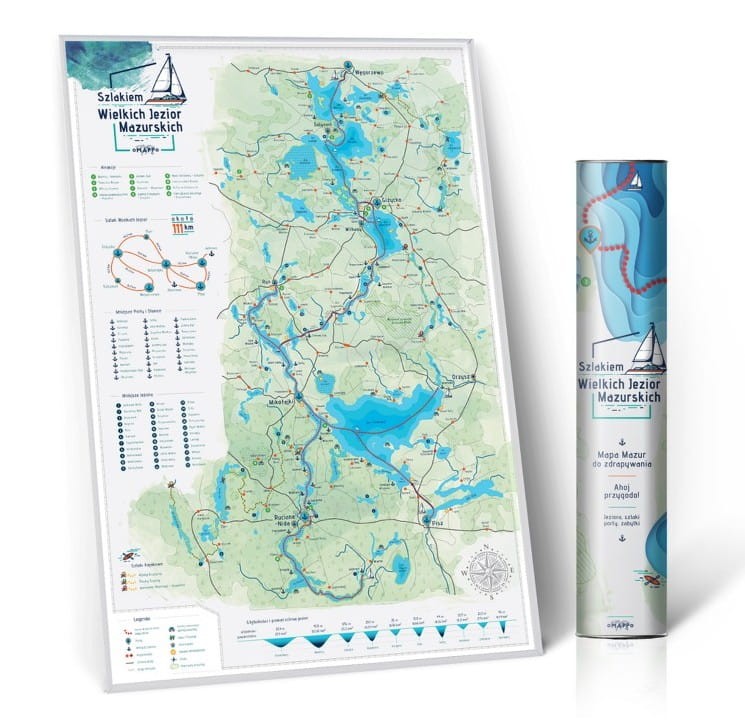 Mazury. Szlakiem Wielkich Jezior Mazurskich. Mapa zdrapka. Przykład oprawy + tuba
