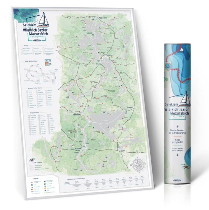 Mazury. Szlakiem Wielkich Jezior Mazurskich. Mapa zdrapka. Przykład oprawy + tuba