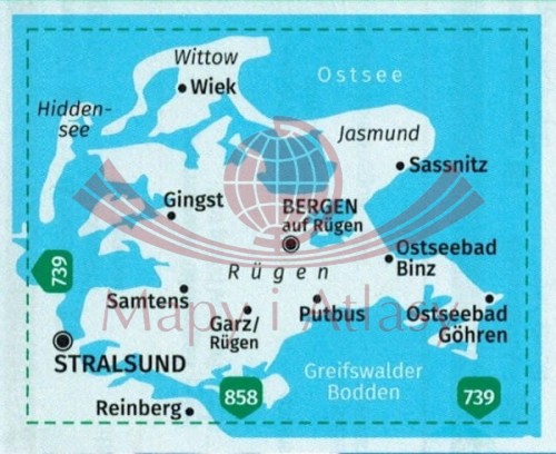 Rugia. Laminowana mapa turystyczna 737 wydawnictwa Kompass. Zasięg