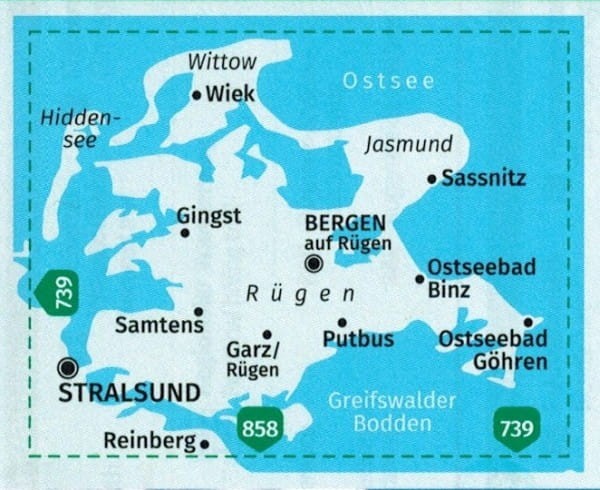 Rugia. Laminowana mapa turystyczna 737 wydawnictwa Kompass. Zasięg