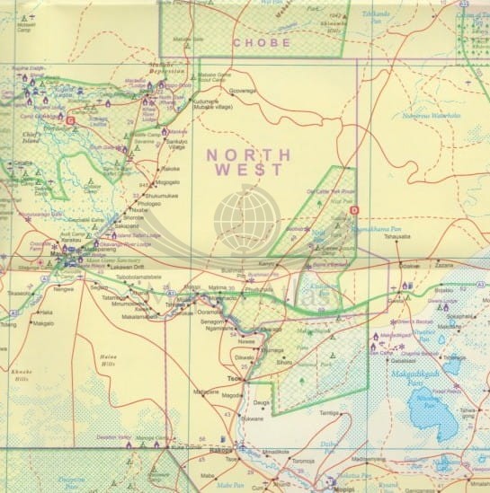 Botswana i Zimbabwe. Wodoodporna mapa samochodowo-turystyczna wydawnictwa ITMB. Fragment mapy