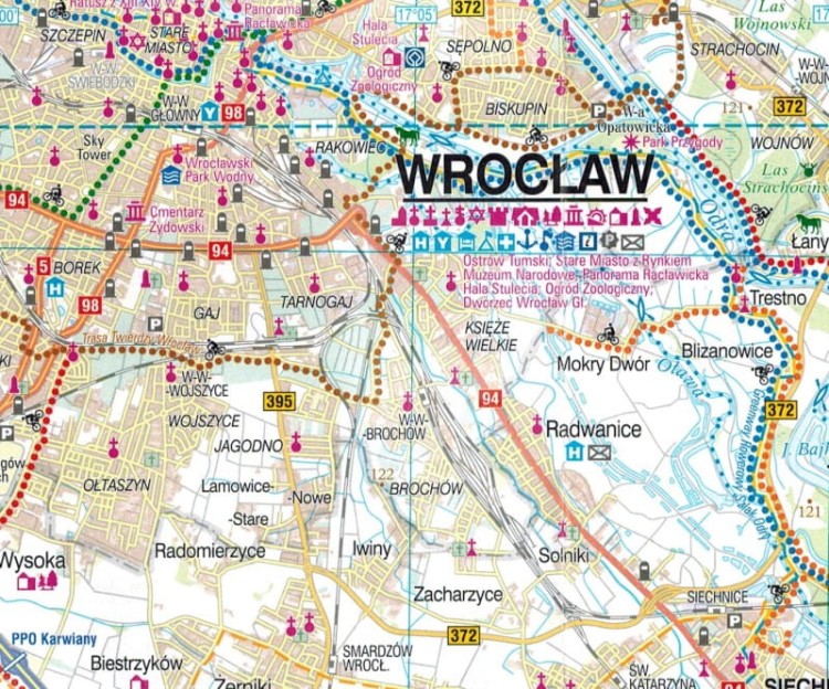 Wrocław i okolice, część południowa. Dolny Śląsk. Mapa turystyczna tras rowerowych. Nie tylko Green Velo. Euro Pilot. Fragment 1