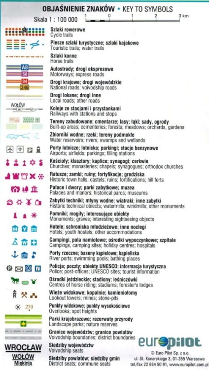 Wrocław i okolice, część północna. Dolny Śląsk. Mapa turystyczna tras rowerowych. Nie tylko Green Velo. Euro Pilot. Legenda