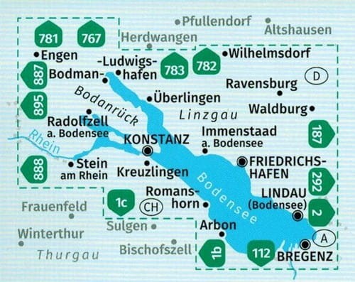 Jezioro Bodeńskie / Bodensee. Zestaw dwóch map turystycznych 11 wydawnictwa Kompass. Zasięg