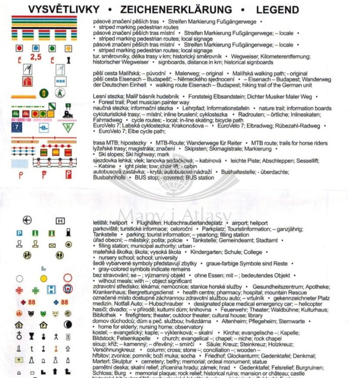 Łabskie Piaskowce, Czeska i Saska Szwajcaria. Mapa turystyczna 38 wydawnictwa Geodezie On Line. Legenda 1