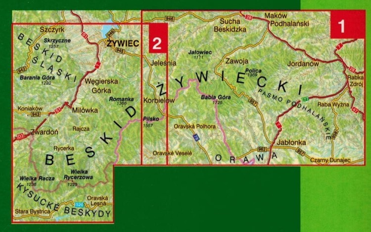 Beskid Żywiecki 1:50 000. Laminowana mapa turystyczna wydawnictwa WiT. Zasięg
