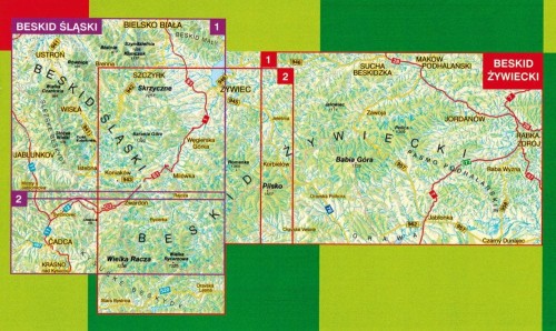 Beskid Śląski i Żywiecki 1:50 000. Zestaw 2 laminowanych map turystycznych wydawnictwa WiT. Zasięg