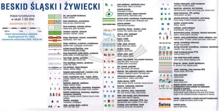 Beskid Śląski i Żywiecki 1:50 000. Laminowana mapa turystyczna wydawnictwa Compass. Legenda