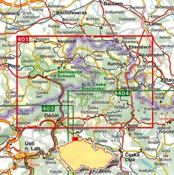 Czeska Szwajcaria, Saska Szwajcaria. Mapa turystyczna 401 wydawnictwa Shocart. Zasięg
