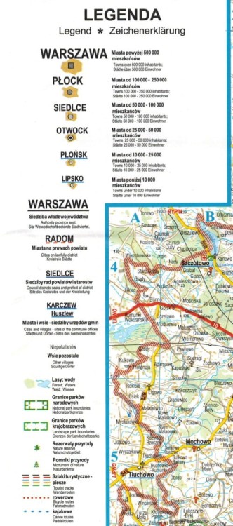 Województwo mazowieckie 1:270 000. Laminowana mapa turystyczno-samochodowa wydawnictwa BiK.  Legenda 1