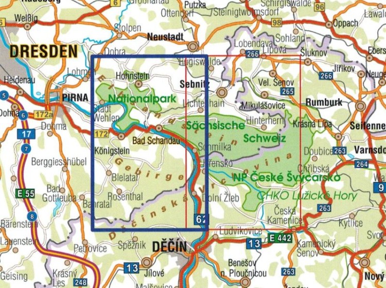 Saksońska Szwajcaria, część zachodnia 1:25 000. Mapa turystyczna wydawnictwa Galileos. Zasięg