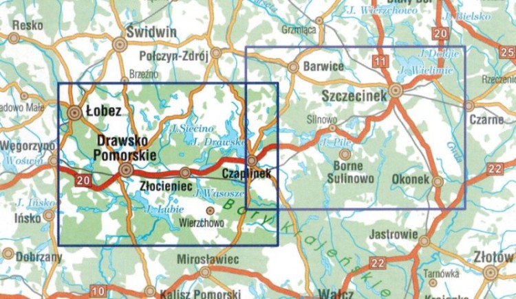 Pojezierze Drawskie. Część wschodnia i zachodnia. Zestaw 2 map / Mapa turystyczna wydawnictwa Galileos. Mapa 1 - zasięg