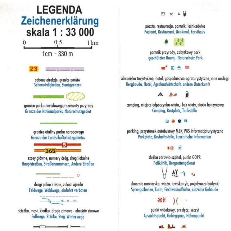 Karkonosze 1:33 000. Orientacja południowa. Mapa turystyczna wydawnictwa Galileos. Legenda 1