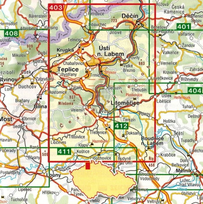 Ceske Stredohori, Decinske steny. Mapa turystyczna 403 wydawnictwa Shocart. Zasięg