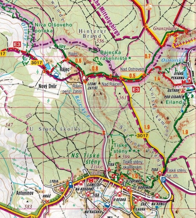 Ceske Stredohori, Decinske steny. Mapa turystyczna 403 wydawnictwa Shocart. Fragment 2