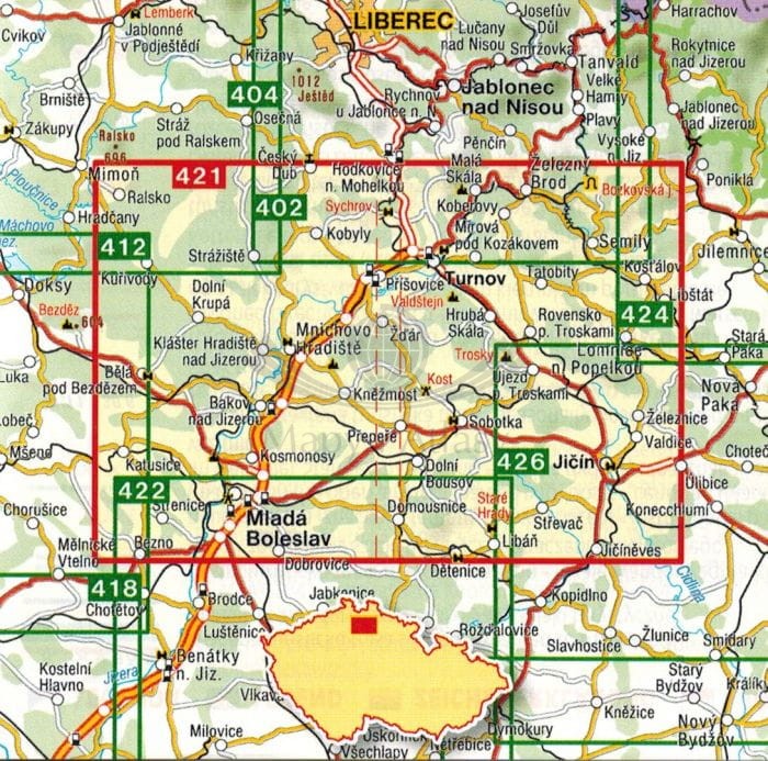 Cesky Raj, Mladoboleslavsko. Mapa turystyczna 421 wydawnictwa Shocart. Zasięg