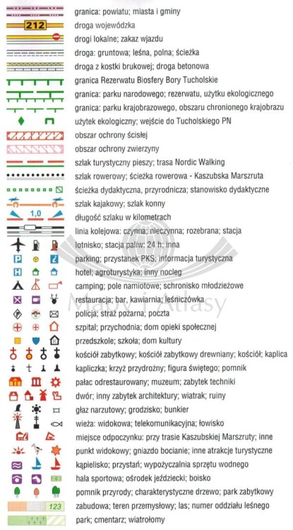 Wdzydzki i Zaborski Park Krajobrazowy. Mapa turystyczna wydawnictwa Galileos. Legenda