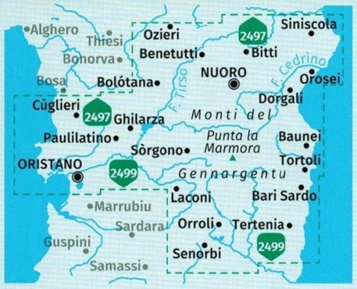 Sardynia Środkowa. Zestaw czterech map turystycznych wydawnictwa Kompass. Zasięg zestawu