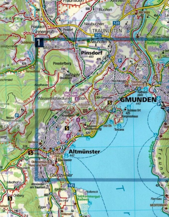 Nordliches Salzkammergut. Wolfganasee, Attersee, Traunsee. Wodoodporna mapa turystyczna 18 wydawnictwa Kompass. Fragment 1