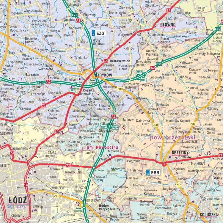 Województwo łódzkie 1:200 000. Mapa ścienna administracyjno-drogowa. Fragment